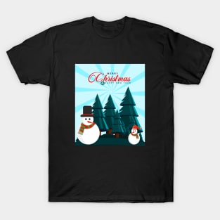 Merry Christmas and New Year greetings with snowman and pine tree with snow T-Shirt